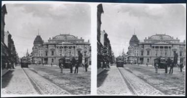 cca 1911 Budapesti villamosok a Rákóczi úton, háttérben a Nemzeti Színház, Fekete György (1904-1990) budapesti fényképész hagyatékában fellelt repró negatív mai nagyítása, 7,5x15 cm