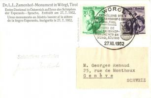 1952 Wörgl (Tirol, Tyrol); Dr. L.L. Zamenhof Monument / Monument of Ludwik Lejzer Zamenhof, creator ...