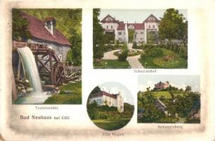 Terme Dobrna, Bad Neuhaus bei Cilli; Teufelsmühle, Schweizerhof, Villa Hygiea, Schlangenburg / water mill, villas, castle (EK)