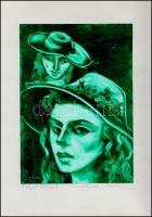 Bodó Levente (1949-): Kalapos hölgyek. Monotípia, papír, jelzett, 29,5x21 cm