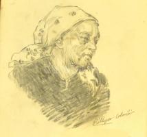 Pállya jelzéssel: Fejkendős asszony portré. Ceruza, papír, üvegezett keretben, 23×17 cm
