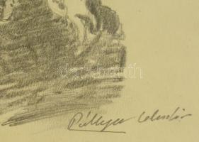 Pállya jelzéssel: Fejkendős asszony portré. Ceruza, papír, üvegezett keretben, 23×17 cm