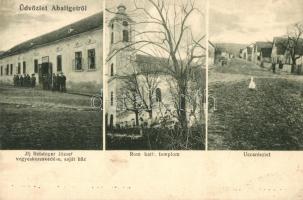 Abaliget, utcakép, Római katolikus templom, Ifj. Reisinger József vegyeskereskedése és saját háza (EK)