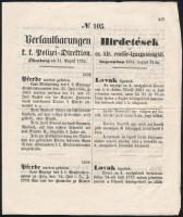 1854 Sopron, Hirdetések cs. kir. rendőr igazgatóságtól, benne különféle bűncselekmények leírása, kétnyelvű, 4 p.