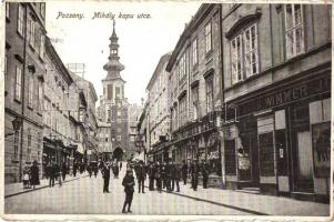 Pozsony, Pressburg, Bratislava; Mihály kapu utca, Wimmer József üzlete, Suchard Cacao reklám / street view with shops, cocoa advertisement (EK)