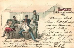1899 Magyar honvéd huszárok; Üdvözlet, a Divat Szalon kiadása / Hungarian soldiers Grüss aus... litho
