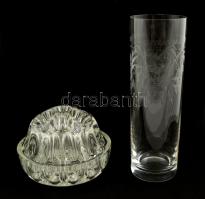 3 db üvegtárgy: váza, pohár, asztali tartó, jelzés nélkül, hibátlanok, különböző méretben