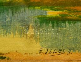 Illés jelzéssel: Házak patak partnál. Gouache, papír, üvegezett keretben, 18,5×24,5 cm