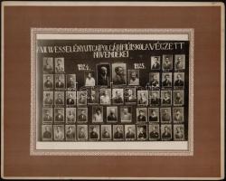 1925 Budapest, VII. ker., Wesselényi utcai Polgári Fiúiskola növendékei és tanárai, kistabló 50 nevesített portréval, 14x21 cm, karton 24x31 cm