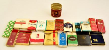 20 db különféle cigarettásdoboz, közte 1 db magyar és 1 db fém