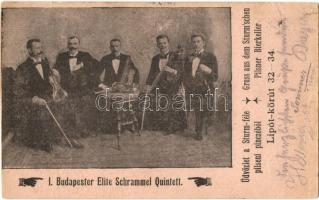 1900 Budapest XIII. Lipót körút 32-34. Sturm-féle pilseni pince. I. Budapester Elite Schrammel Quintet csoportképe (Az első budapesti elit sramli ötös zenekar), reklámlap. Luszt Sándor kiadása (vágott / cut)