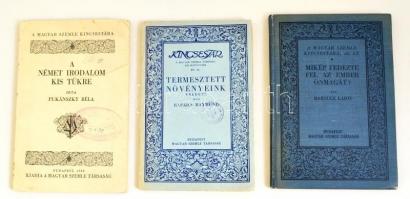 A Magyar Szemle Kincsestára 3 kötete: Bartucz Lajos: Mikép fedezte fel az ember önmagát? (1929); Rapaics Raymund: Termesztett növényeink (1943);Pukánszky Béla: A német irodalom kis tükre (1930). Vászon- ill. papírkötésben, jó állapotban.