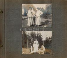 cca 1910-1920 Családi fotóalbum 106 beragasztott fotóval, városi, vidéki életképek, tenisz, vadászat...