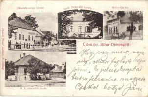 Bihardiószeg, Diosig; Kossuth utca, Városháza, Gróf Zichy kastély, Weisz-féle ház, M. k. vincellér iskola. Deutsch József kiadása / street view, city hall, castle, villa, vine-dresser school (EK)