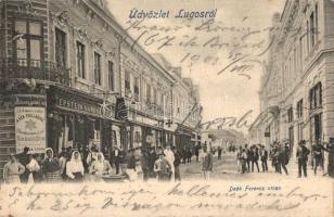 Lugos, Lugoj; Deák Ferenc utca, Epstein Sándor üzlete, Kézműáru raktár a Kék Csillaghoz / street view, shops, storehouse