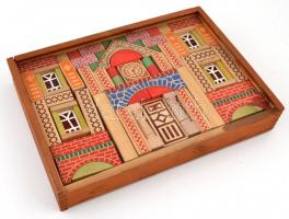 Régi színes fa építőjáték, hiánytalan, szép állapotban, 30x22x5 cm