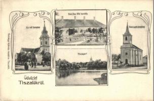 Tiszalök, Református és római katolikus templom, Báró Day féle kastély, Tisza part. Szilágyi Kálmán kiadása. Art Nouveua