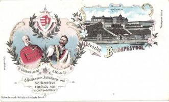 1897 Budapest, I. Ferencz József és II. Vilmos őfelségeiknek Budapesten való tartózkodásuk emlékéül, Királyi vár, Schwidernoch Károly floral, Art Nouveau litho