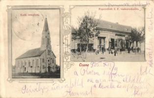 Csene, Cenei; Római katolikus templom, Popovchich S. F. vas üzlete / church, shop. Art Nouveau (EB)