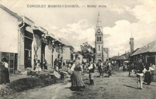 Marosludas, Ludus; Király utca, piaci árusok, Mihály Móritz üzlete / street view with market vendors, shop