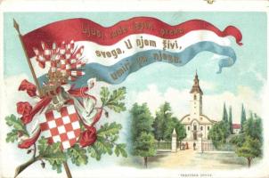 Fiume, Rijeka; Trsatska Crkva / church. Croatian flag and coat of arms. litho (EK)