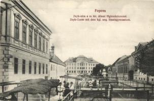 Fogaras, Fagaras; Zeyk utca, állami főgimnázium, csatorna / street view with grammar school, canal (Rb)