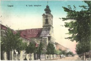 Lugos, Lugoj; Római katolikus templom, utca / street view with church