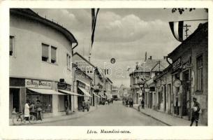 Léva, Levice; Mussolini utca, Nagy Dezső, Fischer Vilmos és Gertler üzlete / street view with shops