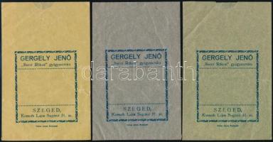cca 1920 Gergely Jenő Szent Rókus gyógyszertára, 3 db gyógyszeres reklámtasak, 13x8,5 cm