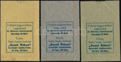 cca 1920 Gergely Jenő "Szent Rókus" gyógyszertára, 3 db gyógyszeres reklámtasak, 13x8,5 cm