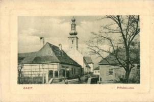 Bazin, Bösing, Bözing, Pezinok; Plébánia utca, templom, Brunner Frigyes üzlete. W.L. Bp. 4437. / street view with shop and church