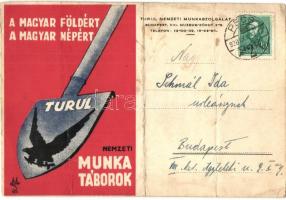 Nemzeti Munkatáborok: A Magyar Földért, A Magyar Népért. A Turul Nemzeti Munkaszolgálat irredenta reklámlapja / Hungarian irredenta, labor camp advertising card (fa)