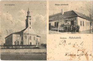 Mélykút, Római katolikus templom, Hangya fogyasztási szövetkezet üzlete és saját kiadása. Falus Dezső felvétele  (fl)