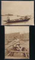 1910 Budapest XI. Lágymányos, evezős a Dunán, csónakok - 2 db eredeti fotó / 2 original photos (9 x 12 cm)