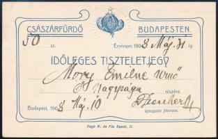 1908 Budapest, Császárfürdő, Időleges tiszteletjegy, szárazpecséttel, Bagó M. és Fia, 8x12 cm