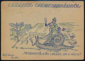 1943 Egyedi rajzos tábori posta levelezőlap az orosz frontról