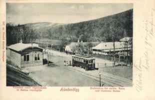 Budapest II. Hűvösvölgy, Villamos vasút végállomása, Balázs vendéglő, étterem. Divald Károly 307. sz. / Endstation der elektr. Bahn und Gasthaus Balázs