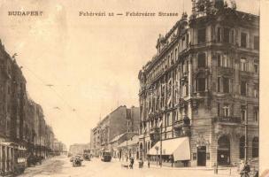 Budapest XI. Fehérvári út - Kemenes utca sarok, Gellért kávéház, villamosok, üzletek. Fellner Mór kiadása (EK)