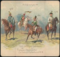 1898 Budapest, Az osztrák-magyar hadsereg 16. Gróf Üxküll Gyllenband huszárezredének 100 éves jubileumára rendezett bankett díszes menükártyája, kihatható, Czettel&Deutsch litográfia, német nyelven, 19x20 cm / Budapest, Austro-Hungarian Army, hussar regiment banquet menu card, lithography, in German, 19x20 cm