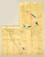 1896 Dél-Pest térképe, rajta színnel jelölve a munkásházak elhelyezésére alkalmas telkek, a székesfőváros mérnöki hivatalának három tagjának aláírásával, hajtásoknál javított, kis szakadással, 100x78 cm