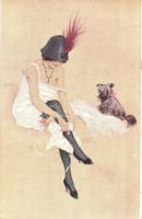Riquette et son chien / Lady with dog art postcard. s: Raphael Kirchner