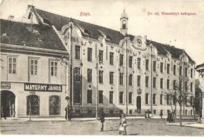 Zilah, Zalau; Református Wesselényi Kollégium, Materny János és Dávidovits M. üzlete / boarding school, shops (EK)