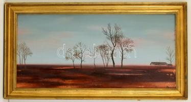 Dezső József (1935-1995): Táj. Olaj, farost, jelzett, keretben,  40×84 cm