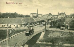 Temesvár, Timisoara; Úri utca, villamos, híd, gyár a háttérben / street view with tram, bridge, factory