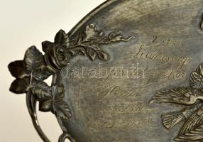 cca 1913 Alpakka préselt fali tál, gravírozott felirattal, 26x14 cm