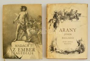 2 db Zichy Mihály munkáival illusztrált kötet: Madács Imre: Az ember tragédiája. Bp., 1960, Magyar Helikon.; Arany János balladái. Bp., 1959, Magyar Helikon. Vászon- ill. félvászon kötésben, sérült, vízfoltos papír védőborítóval, egyébként jó állapotban.