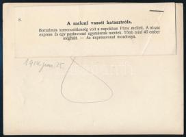 1914 Meluni vasúti katasztrófa mozdonya, korabeli sajtófotó hozzátűzött szöveggel, 12x16 cm / Melun,...