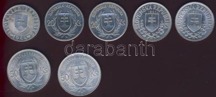 Szlovákia 1939-45. 10K Ag (1x), 20K Ag 2x "Tiso" + 2x "St.Kyrill és St. Methodius", 50K Ag 2x "Tiso" T:2,2/3 k. ph. Összesen 7db! + 1980. Csehszlovák pénzkatalógus