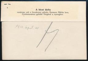 1914 Bécs, Szemere Miklós lova, Confusionárius győzött Vargával a nyeregben,  korabeli sajtófotó hoz...