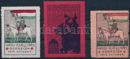 1915 Hadi kiállítás, Debrecen 2 db levélzáró klf színű papíron + Mozinap levélzáró